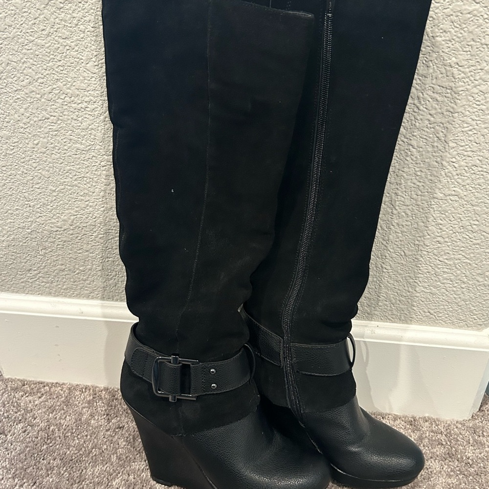 Black Wedge Knee-High Boots